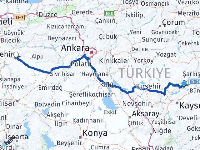 Kayseri Özvatan Eskişehir Arası Kaç Km - Yol Haritası