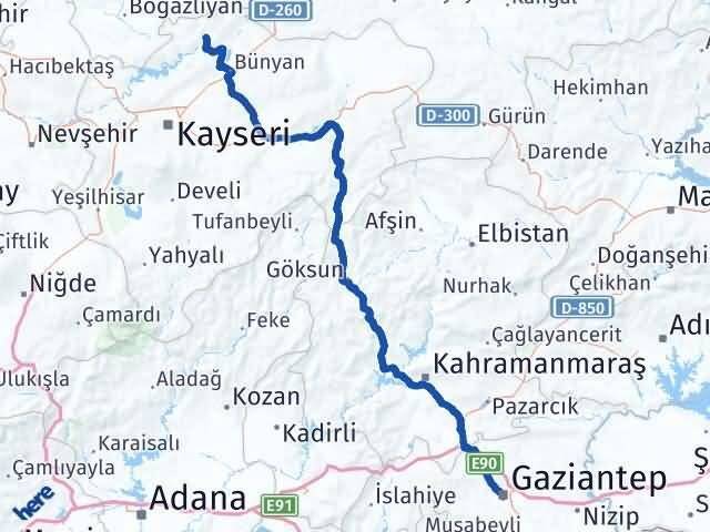 Kayseri Özvatan Gaziantep Arası Kaç Km - Yol Haritası
