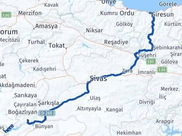Kayseri Özvatan Giresun Arası Kaç Km - Yol Haritası