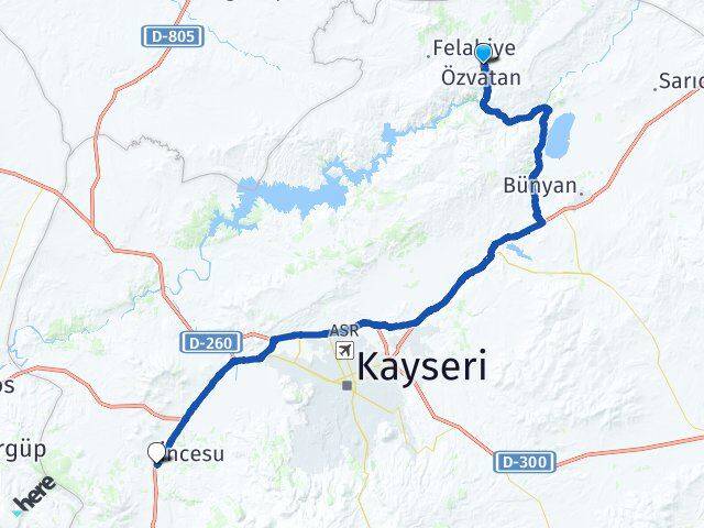 Kayseri Özvatan İncesu Arası Kaç Km - Yol Haritası