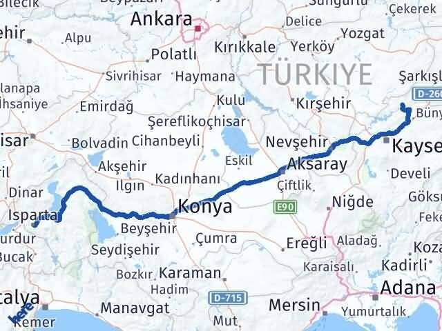 Kayseri Özvatan Isparta Arası Kaç Km - Yol Haritası