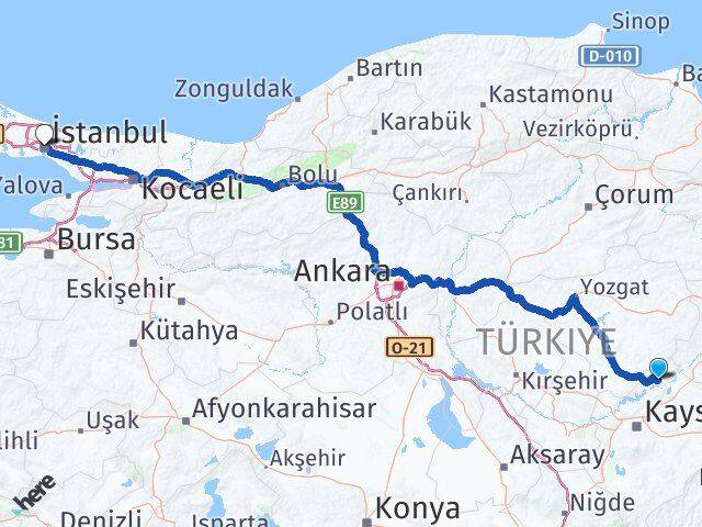 Kayseri Özvatan İstanbul Arası Kaç Km - Yol Haritası