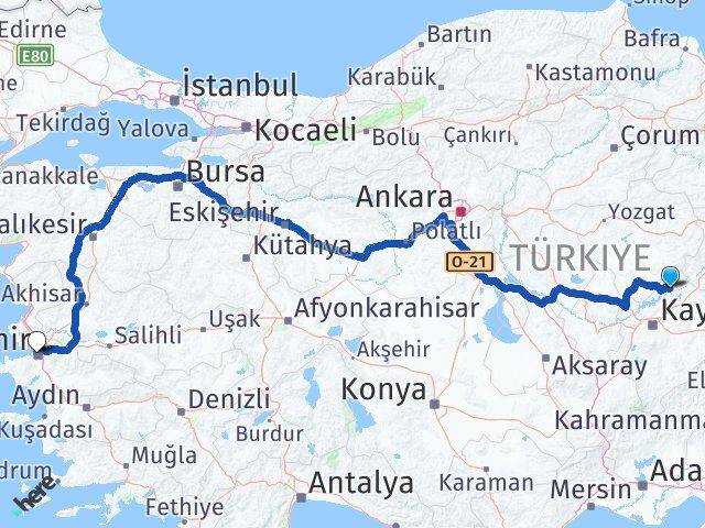 Kayseri Özvatan İzmir Arası Kaç Km - Yol Haritası