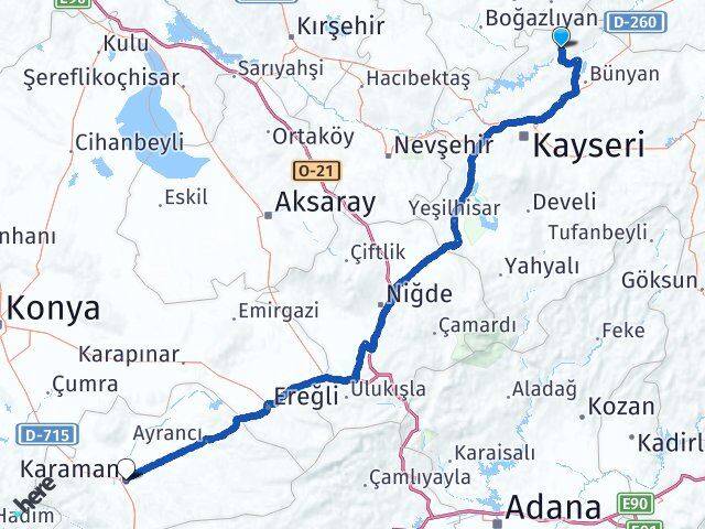 Kayseri Özvatan Karaman Arası Kaç Km - Yol Haritası