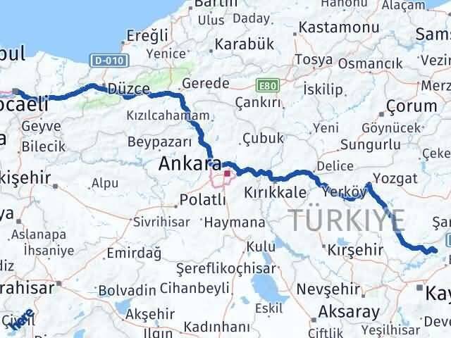 Kayseri Özvatan Kocaeli Arası Kaç Km - Yol Haritası