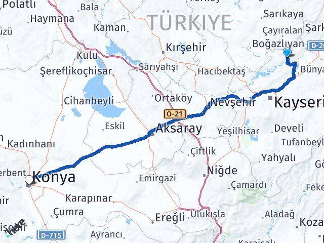 Kayseri Özvatan Konya Arası Kaç Km - Yol Haritası