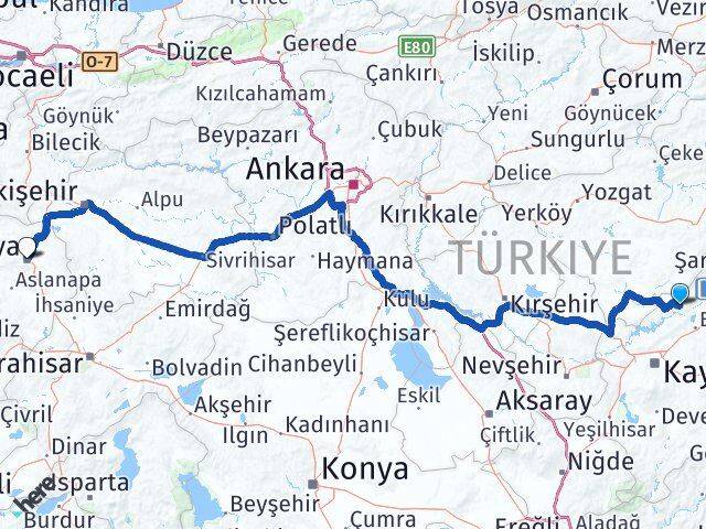 Kayseri Özvatan Kütahya Arası Kaç Km - Yol Haritası