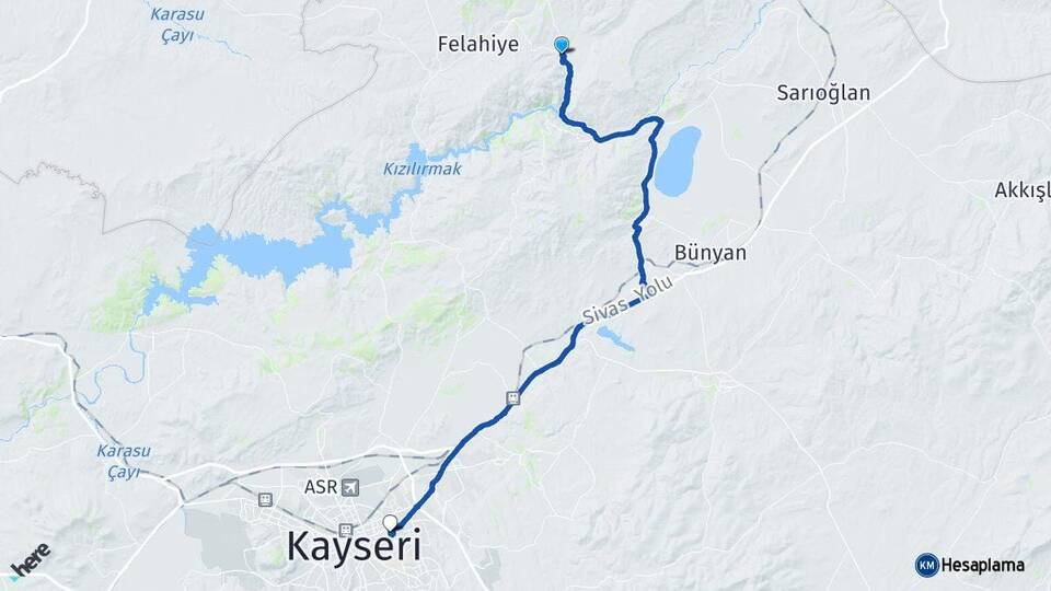 Kayseri Özvatan Melikgazi Arası Kaç Km - Yol Haritası