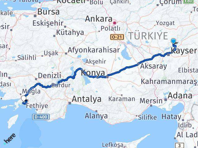 Kayseri Özvatan Muğla Arası Kaç Km - Yol Haritası
