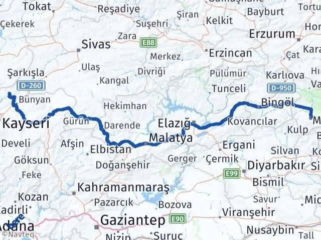 Kayseri Özvatan Muş Arası Kaç Km - Yol Haritası