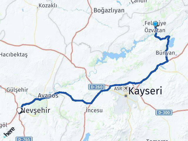 Kayseri Özvatan Nevşehir Arası Kaç Km - Yol Haritası