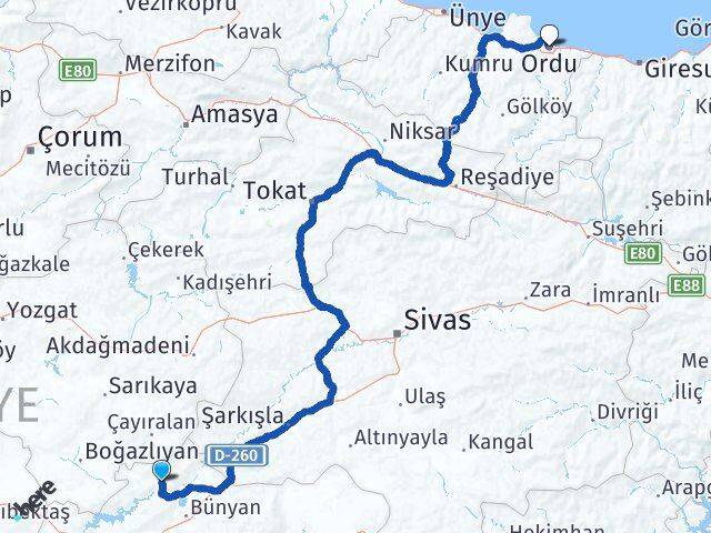 Kayseri Özvatan Ordu Arası Kaç Km - Yol Haritası