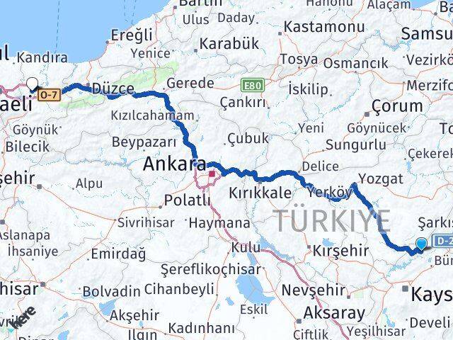 Kayseri Özvatan Sakarya Arası Kaç Km - Yol Haritası