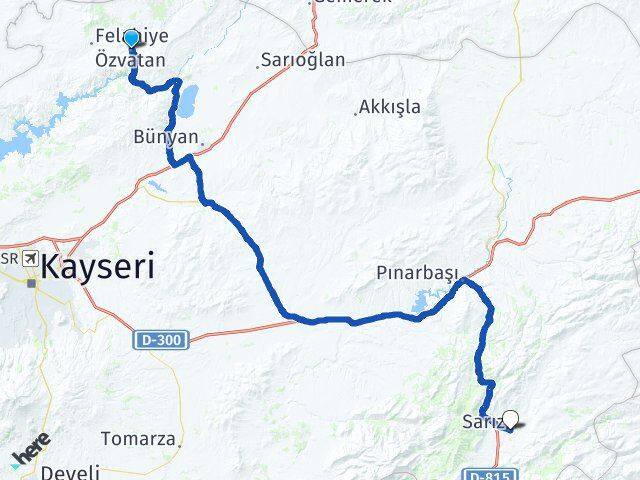 Kayseri Özvatan Sarız Arası Kaç Km - Yol Haritası