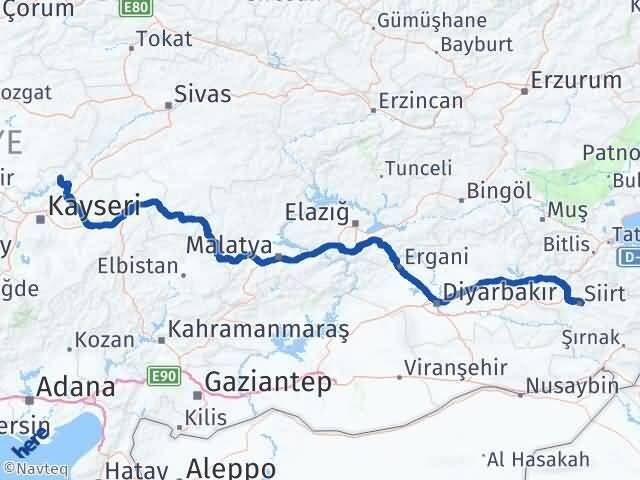 Kayseri Özvatan Siirt Arası Kaç Km - Yol Haritası