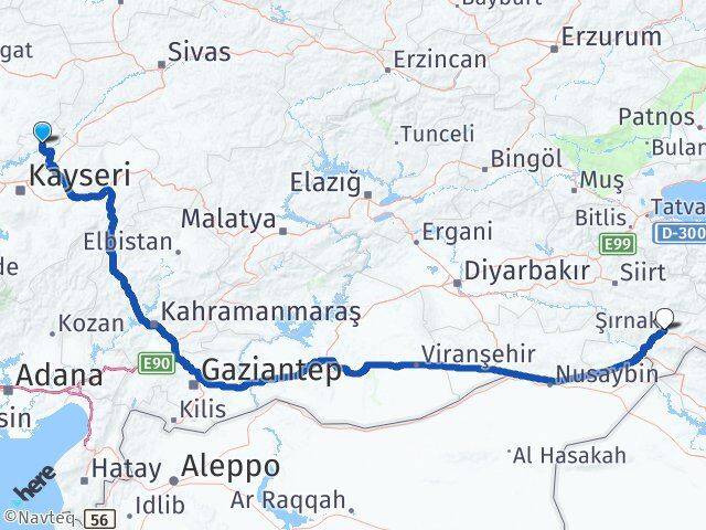 Kayseri Özvatan Şırnak Arası Kaç Km - Yol Haritası
