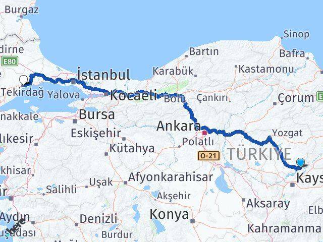 Kayseri Özvatan Tekirdağ Arası Kaç Km - Yol Haritası