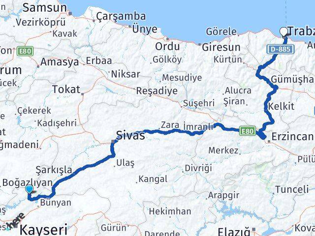 Kayseri Özvatan Trabzon Arası Kaç Km - Yol Haritası