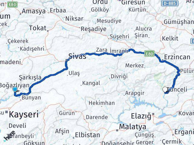 Kayseri Özvatan Tunceli Arası Kaç Km - Yol Haritası