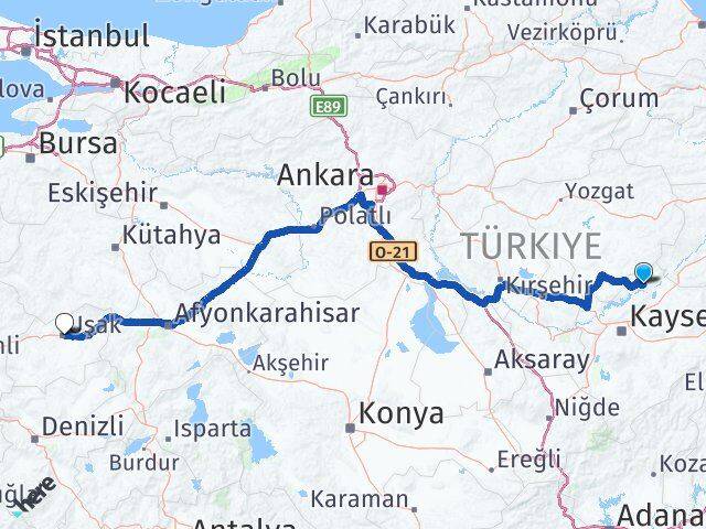 Kayseri Özvatan Uşak Arası Kaç Km - Yol Haritası