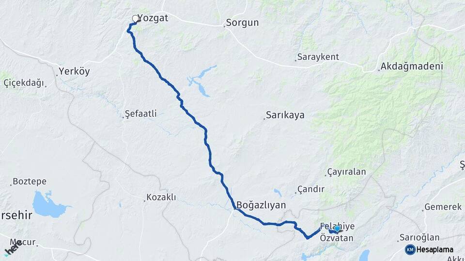 Kayseri Özvatan Yozgat Arası Kaç Km - Yol Haritası