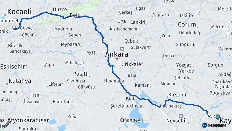 Kayseri Pamukova Sakarya Arası Kaç Km - Yol Haritası