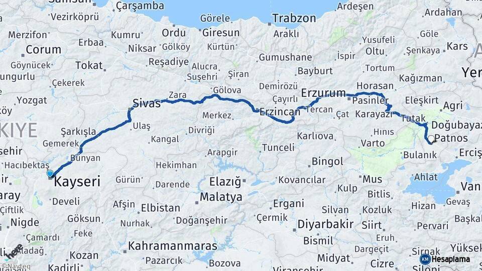 Kayseri Patnos Ağrı Arası Kaç Km - Yol Haritası