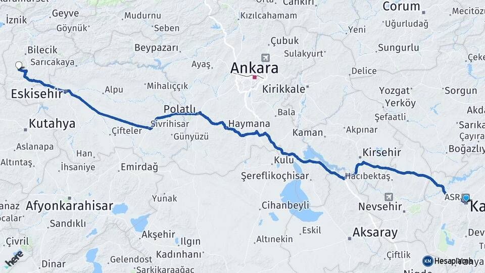 Kayseri Pazaryeri Bilecik Arası Kaç Km - Yol Haritası