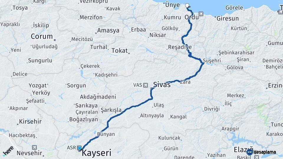 Kayseri Perşembe Ordu Arası Kaç Km - Yol Haritası