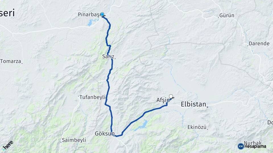 Kayseri Pınarbaşı Afşin Kahramanmaraş Arası Kaç Km - Yol Haritası