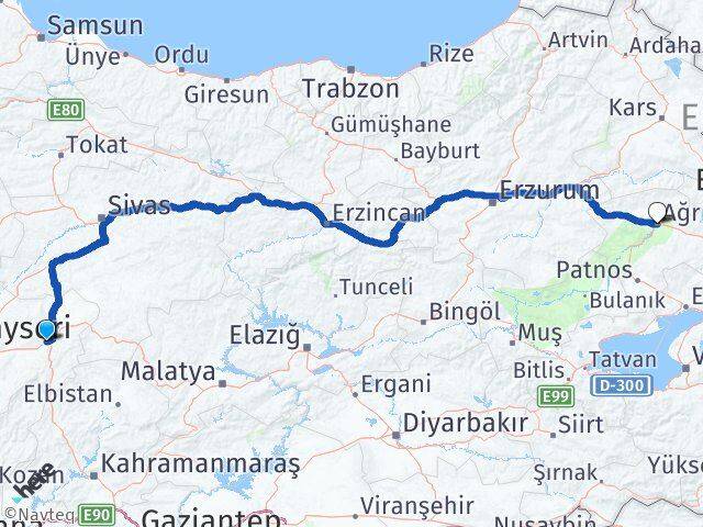 Kayseri Pınarbaşı Ağrı Arası Kaç Km - Yol Haritası