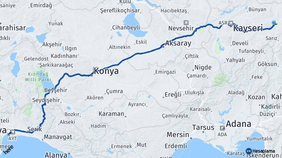 Kayseri Pınarbaşı Antalya Arası Kaç Km - Yol Haritası
