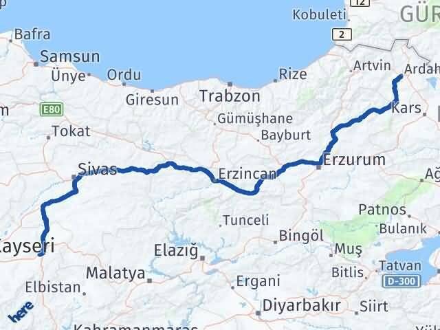 Kayseri Pınarbaşı Ardahan Arası Kaç Km - Yol Haritası
