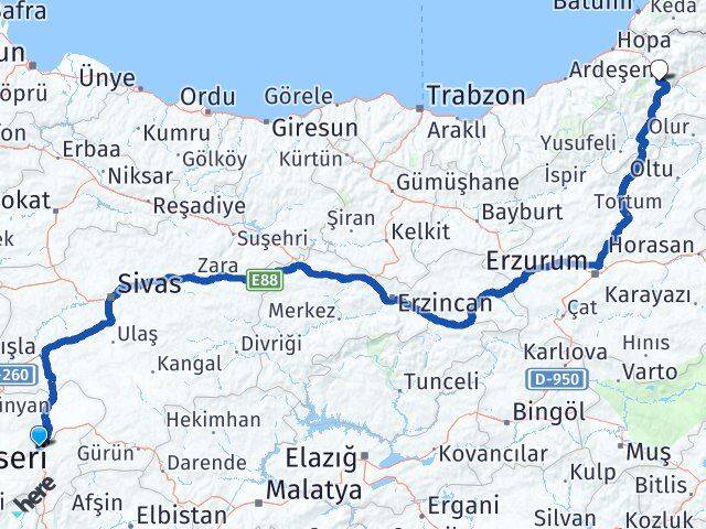 Kayseri Pınarbaşı Artvin Arası Kaç Km - Yol Haritası