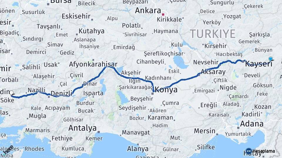 Kayseri Pınarbaşı Aydın Arası Kaç Km - Yol Haritası