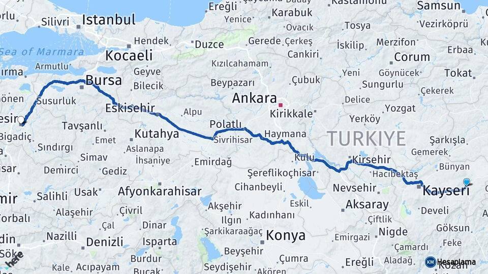 Kayseri Pınarbaşı Balıkesir Arası Kaç Km - Yol Haritası