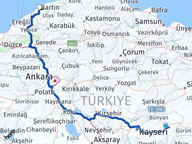 Kayseri Pınarbaşı Bartın Arası Kaç Km - Yol Haritası