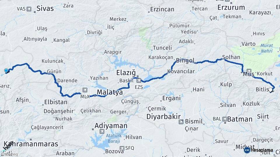 Kayseri Pınarbaşı Bitlis Arası Kaç Km - Yol Haritası