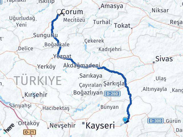 Kayseri Pınarbaşı Çorum Arası Kaç Km - Yol Haritası