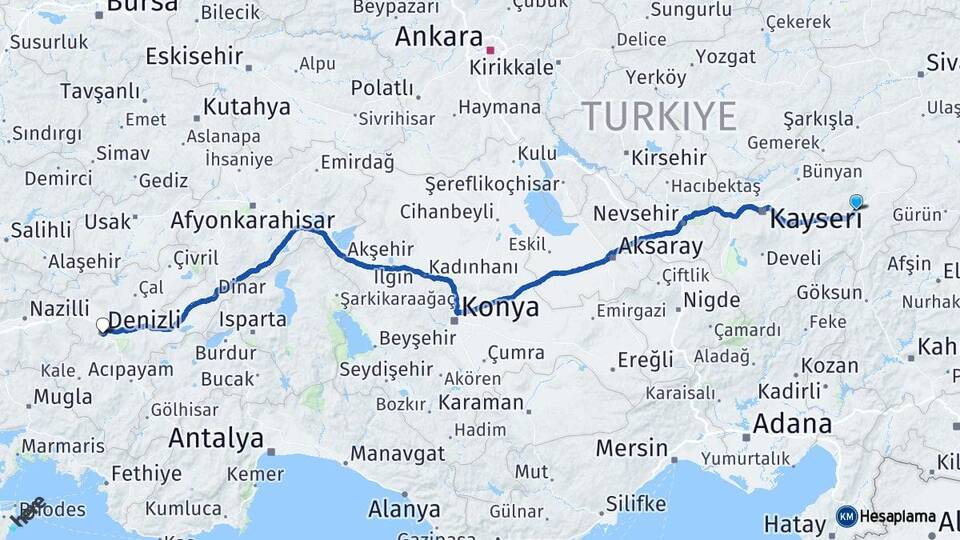 Kayseri Pınarbaşı Denizli Arası Kaç Km - Yol Haritası