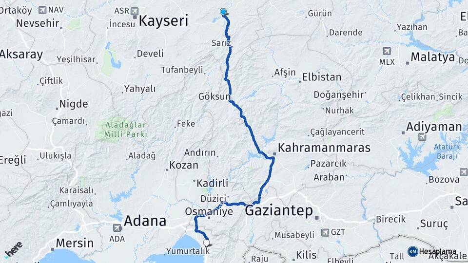 Kayseri Pınarbaşı Dörtyol Hatay Arası Kaç Km - Yol Haritası