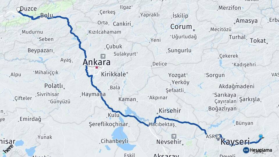 Kayseri Pınarbaşı Düzce Arası Kaç Km - Yol Haritası