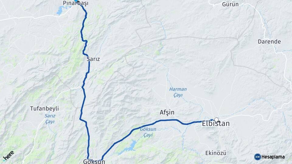 Kayseri Pınarbaşı Elbistan Kahramanmaraş Arası Kaç Km - Yol Haritası
