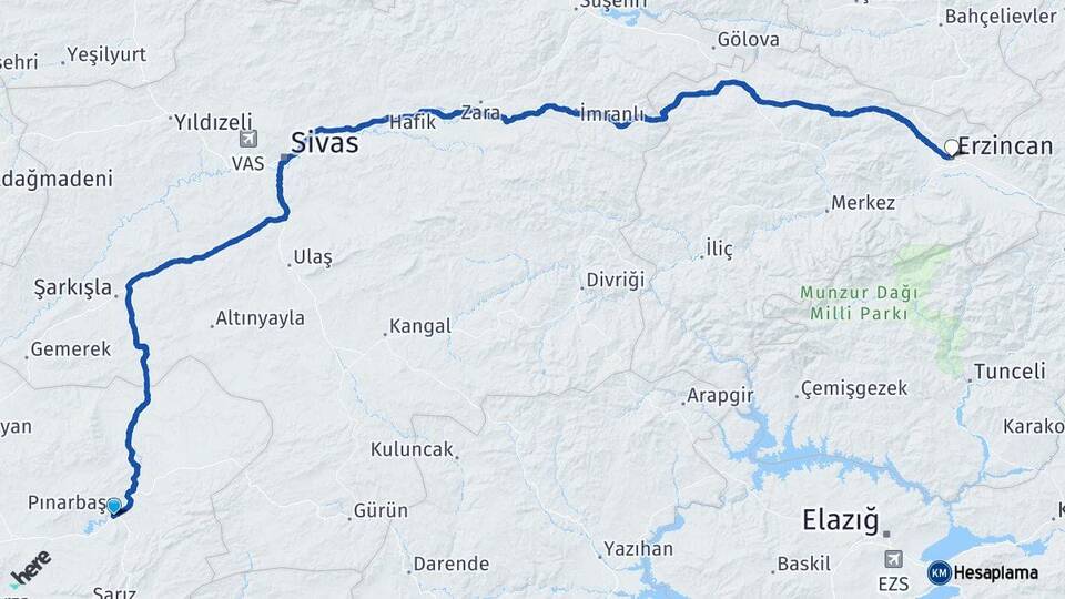 Kayseri Pınarbaşı Erzincan Arası Kaç Km - Yol Haritası