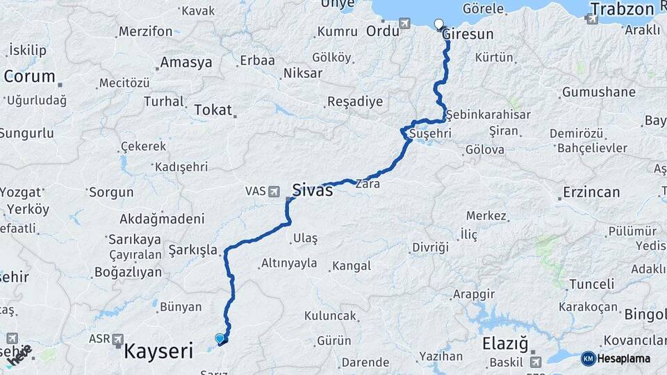 Kayseri Pınarbaşı Giresun Arası Kaç Km - Yol Haritası