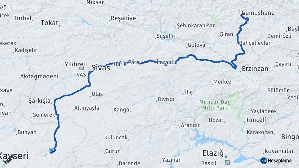 Kayseri Pınarbaşı Gümüşhane Arası Kaç Km - Yol Haritası