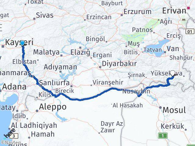 Kayseri Pınarbaşı Hakkari Arası Kaç Km - Yol Haritası