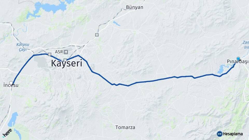 Kayseri Pınarbaşı İncesu Arası Kaç Km - Yol Haritası