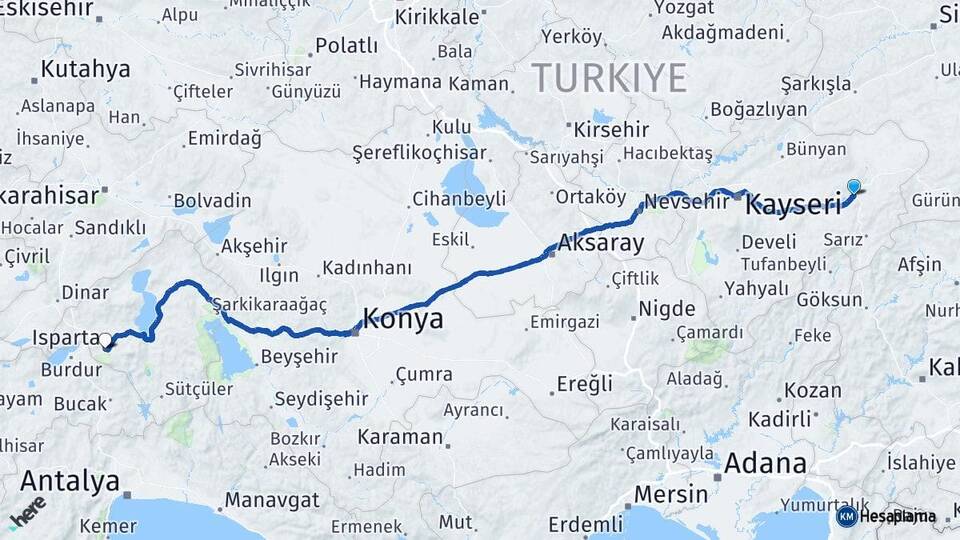 Kayseri Pınarbaşı Isparta Arası Kaç Km - Yol Haritası