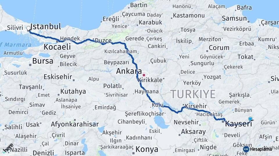 Kayseri Pınarbaşı İstanbul Arası Kaç Km - Yol Haritası